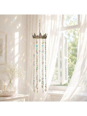 Handmade Crown Crystal Suncatcher Chandelier 32 Inch Boho Luxe Window Decor
